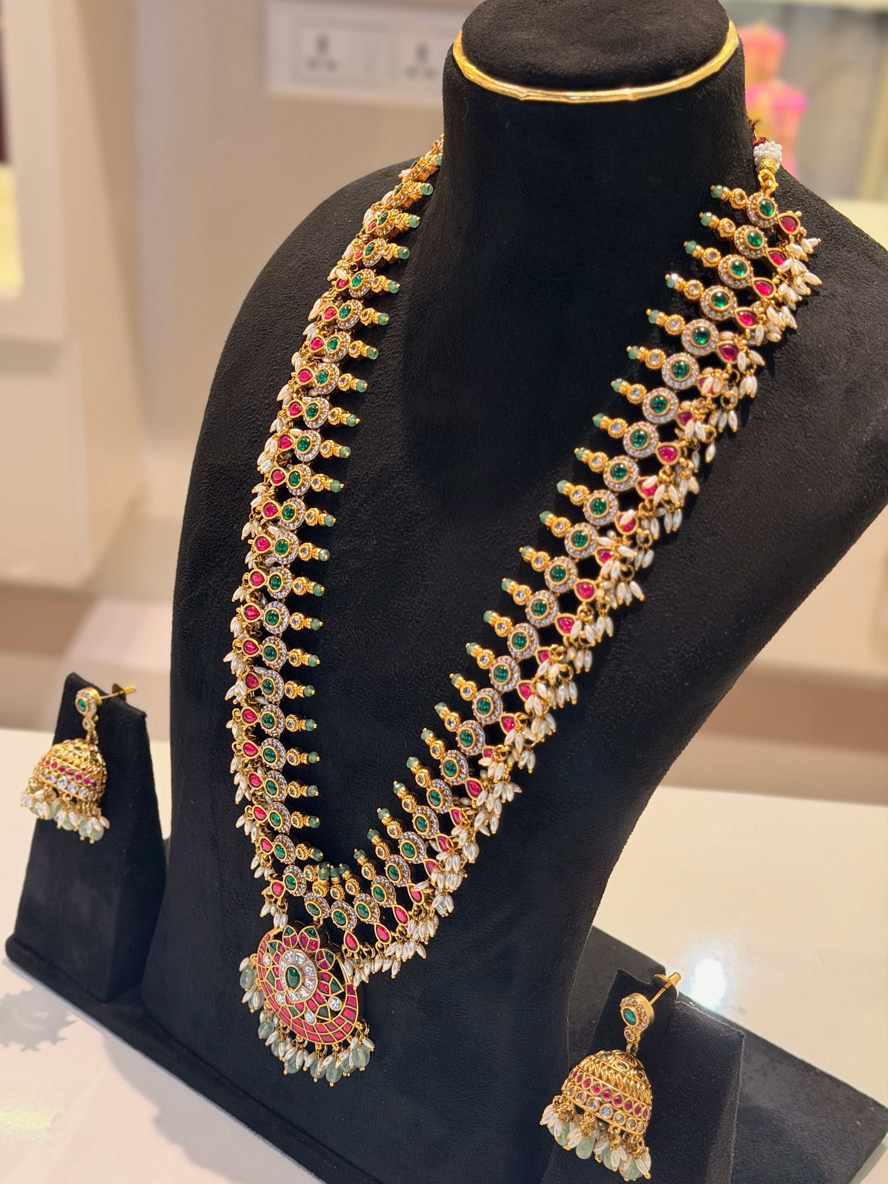 Royal Ruby & Emerald Jadau Kundan Long Necklace Set
