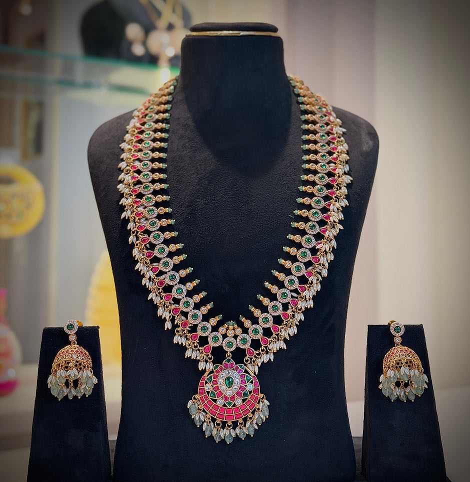 Royal Ruby & Emerald Jadau Kundan Long Necklace Set