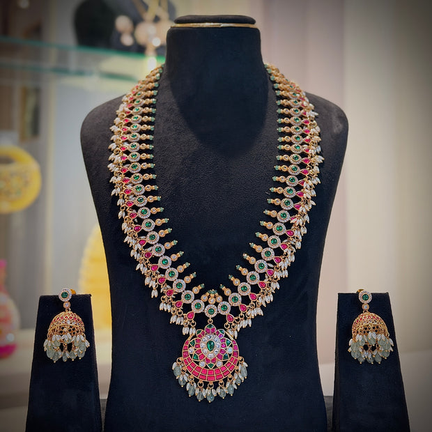 Royal Ruby & Emerald Jadau Kundan Long Necklace Set