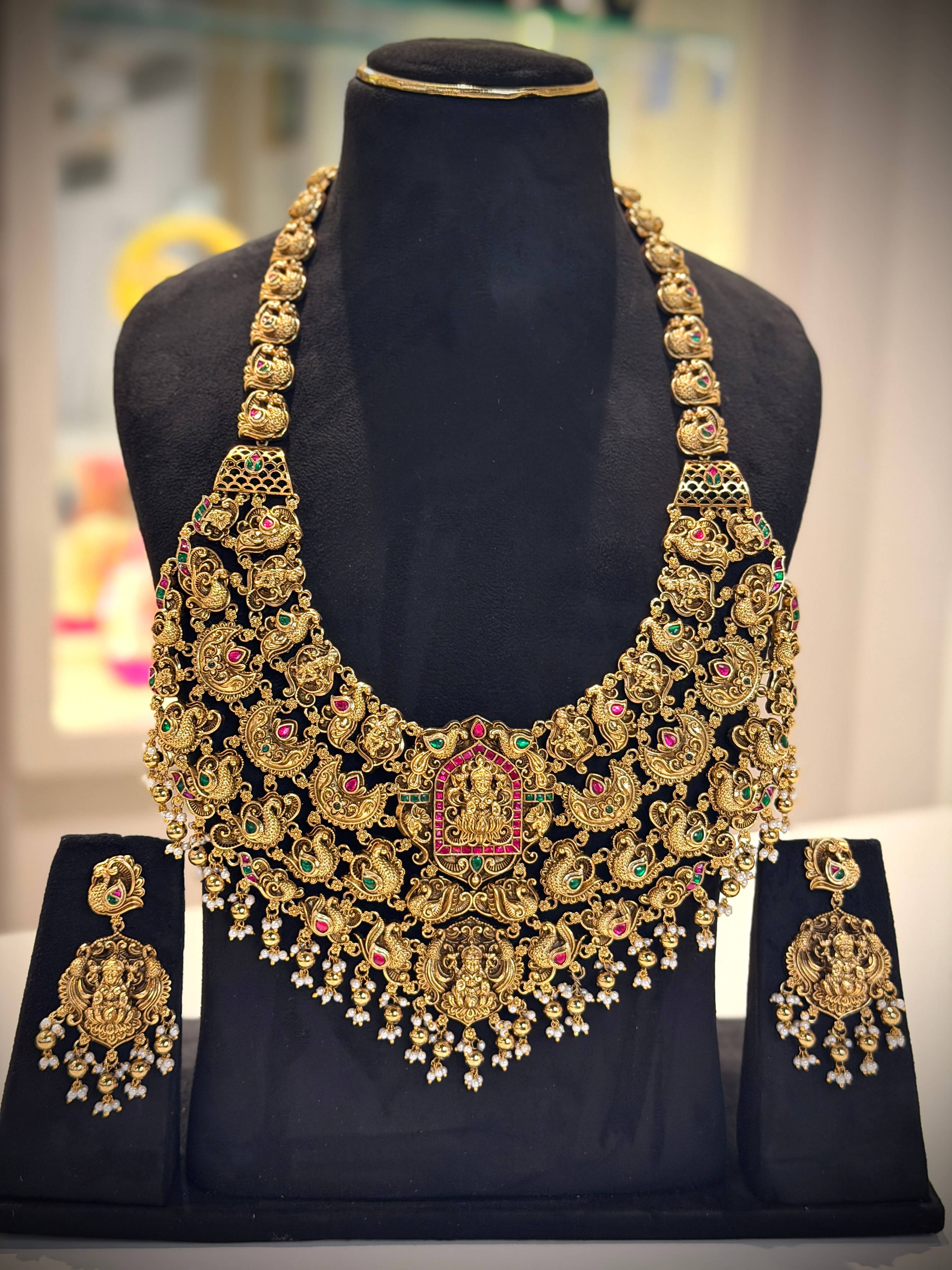 Royal Layered Peacock Chandbali Lakshmi Haram Necklace Set