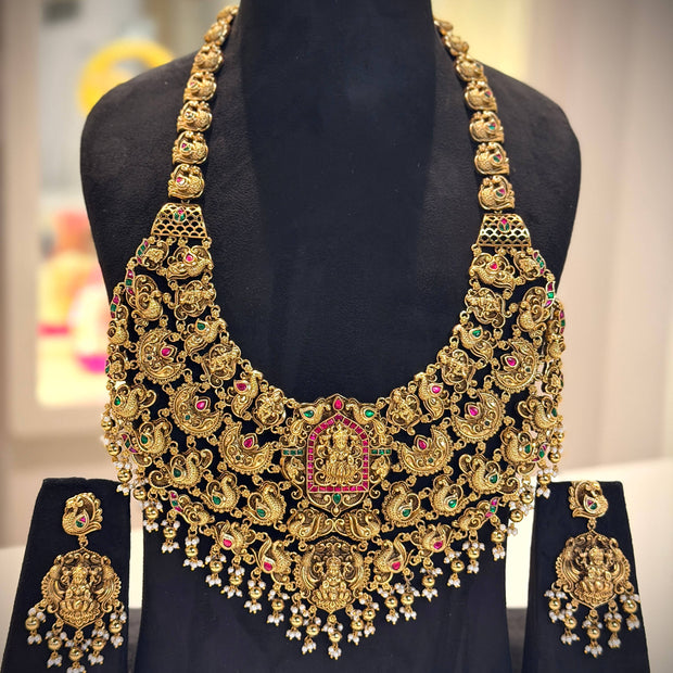 Royal Layered Peacock Chandbali Lakshmi Haram Necklace Set