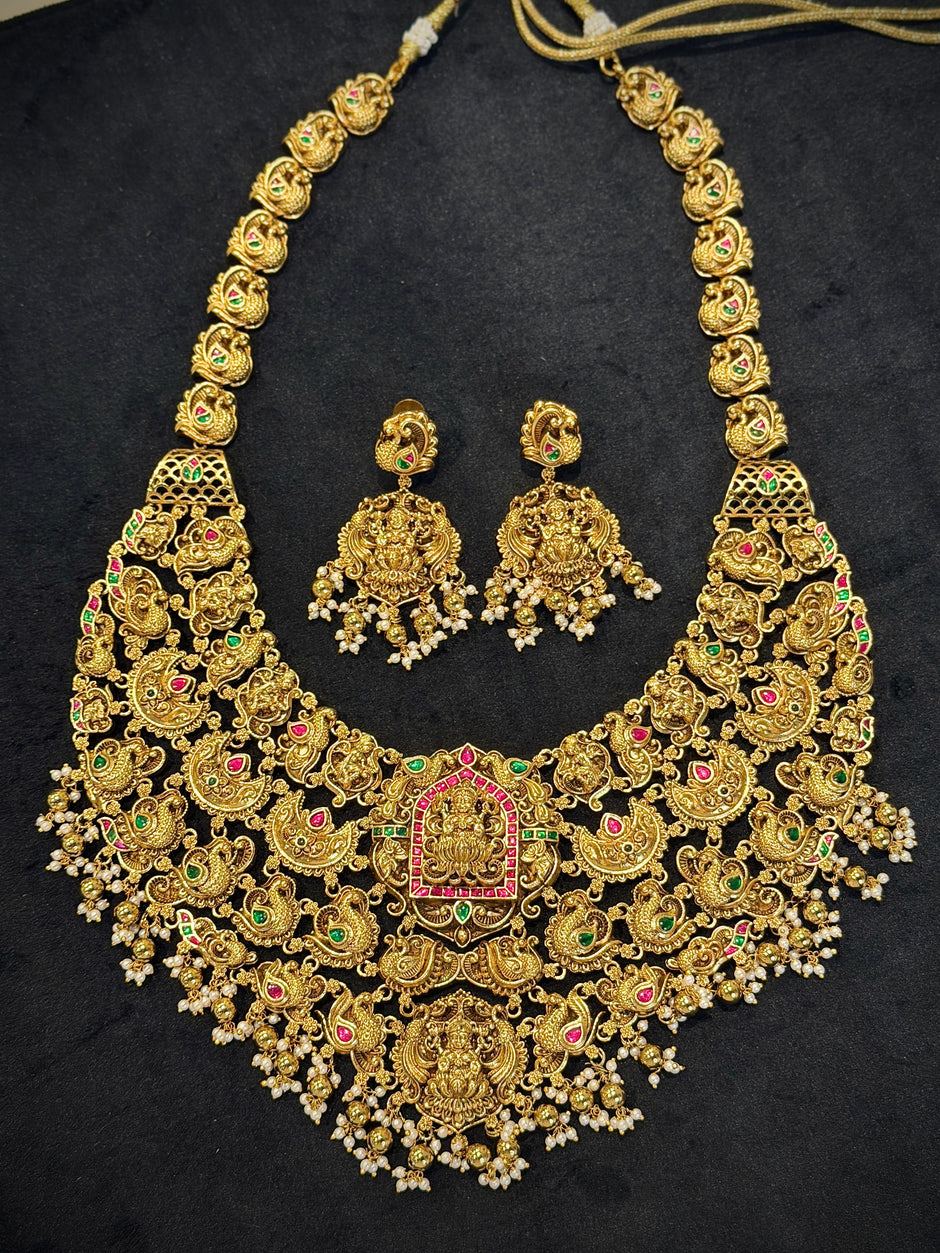 Royal Layered Peacock Chandbali Lakshmi Haram Necklace Set