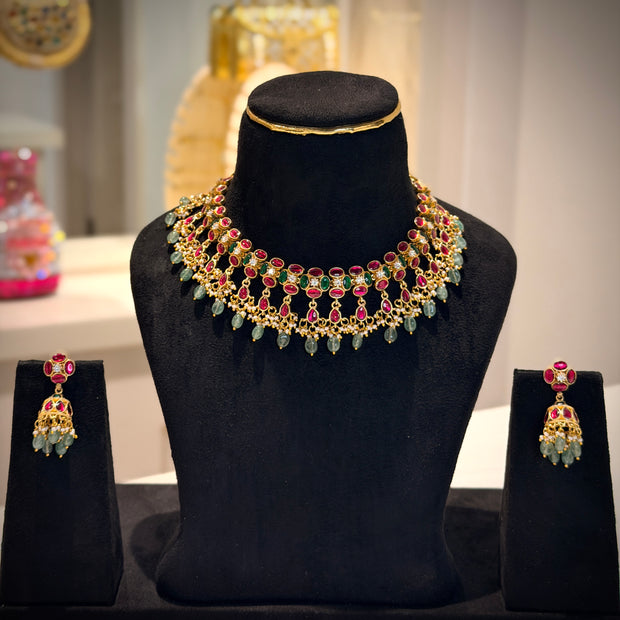 Jadau Ruby and Emerald Gold Choker Necklace Set