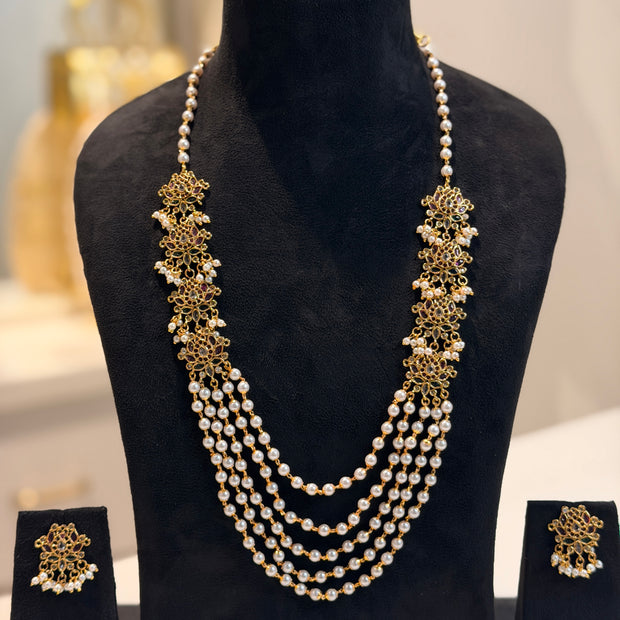 Ruby Floral Multi‑Layer Pearl Necklace Set