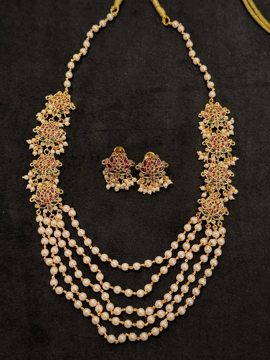 Ruby Floral Multi‑Layer Pearl Necklace Set