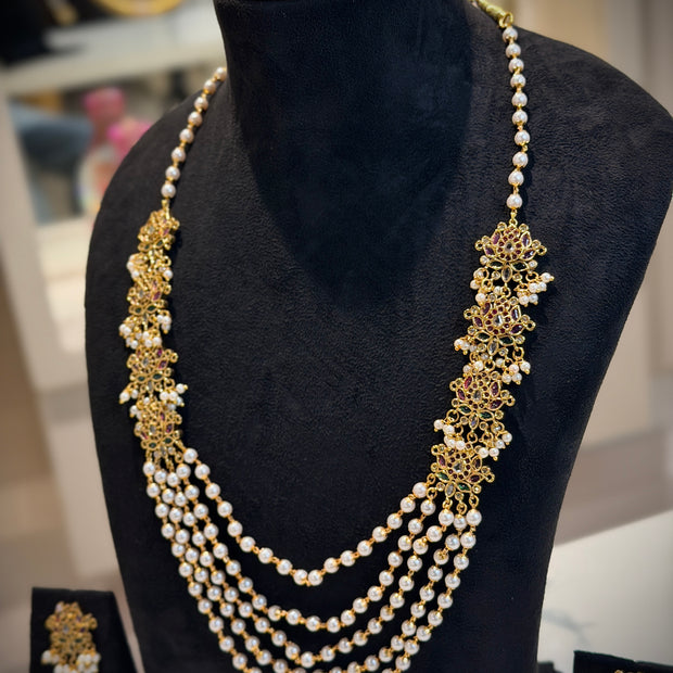 Ruby Floral Multi‑Layer Pearl Necklace Set