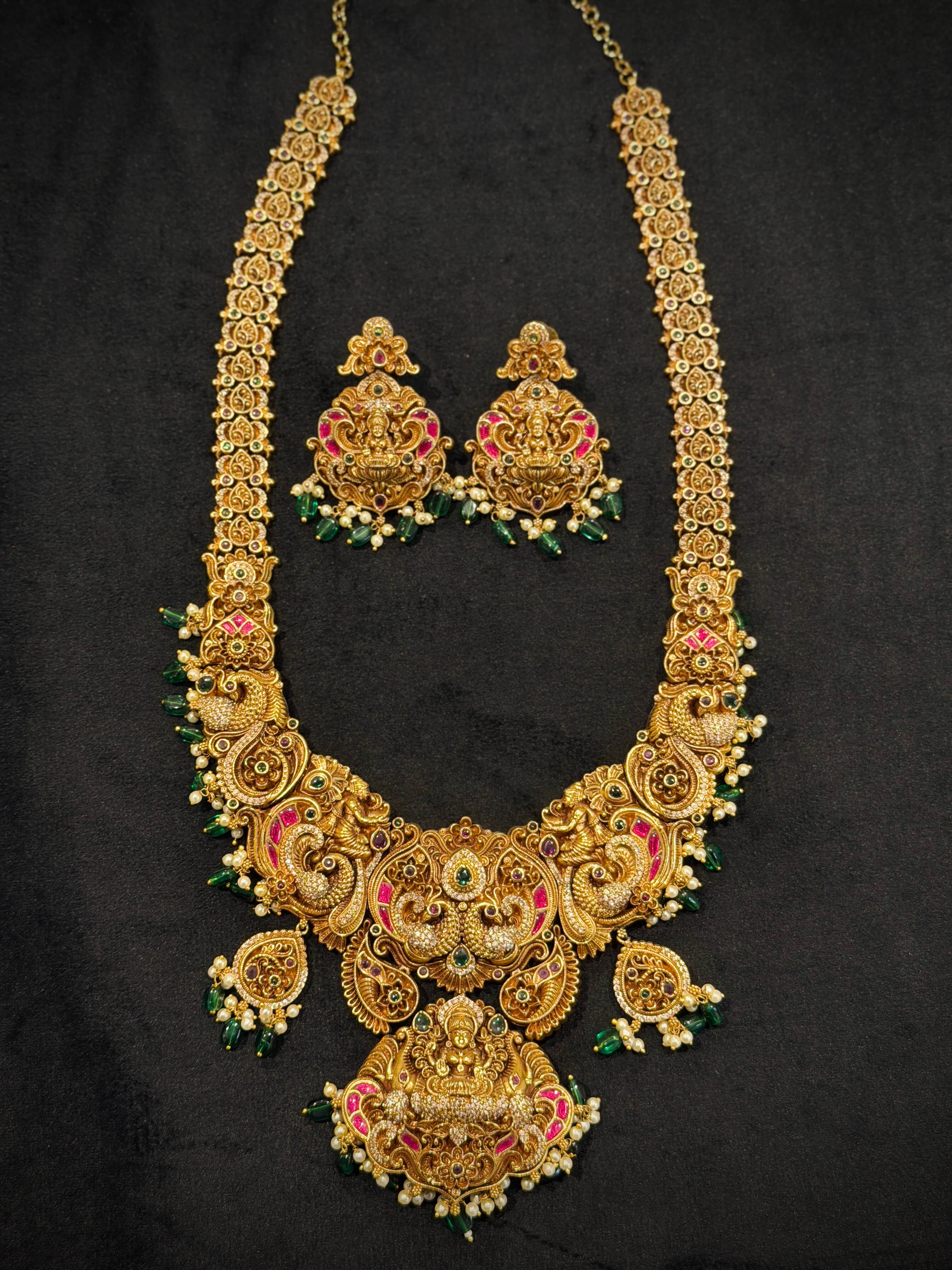 Grand Lakshmi Peacock Temple Haram Necklace Set