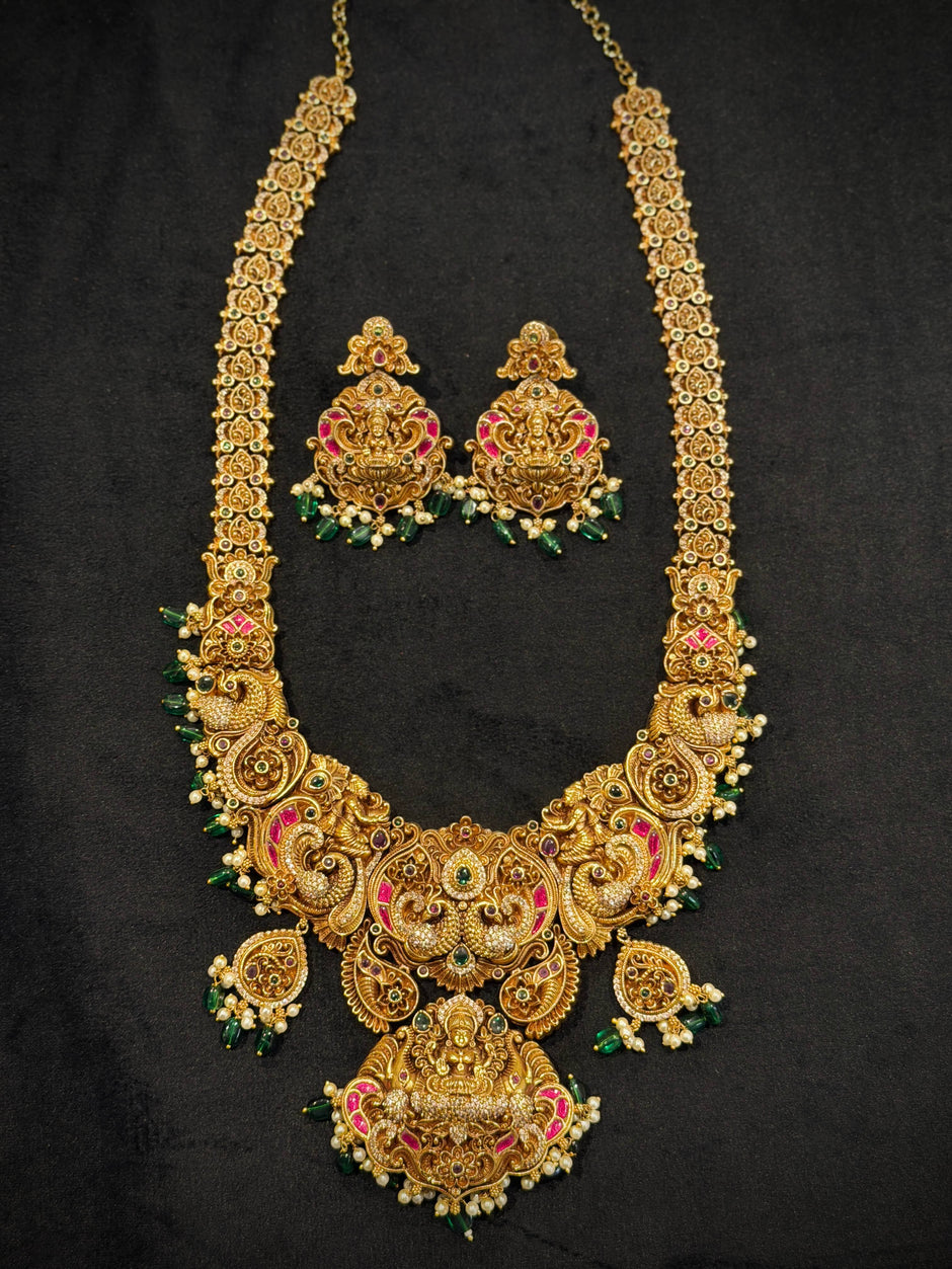 Grand Lakshmi Peacock Temple Haram Necklace Set