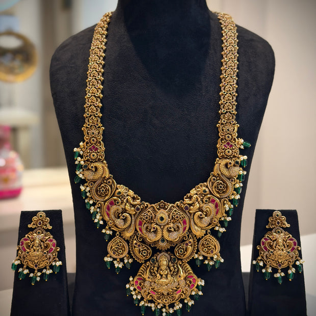 Grand Lakshmi Peacock Temple Haram Necklace Set