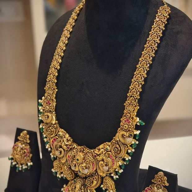 Grand Lakshmi Peacock Temple Haram Necklace Set