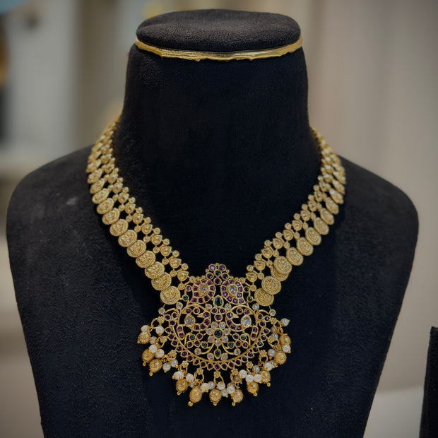 Vedic Temple Gold Lakshmi Kasu Short Necklace Set