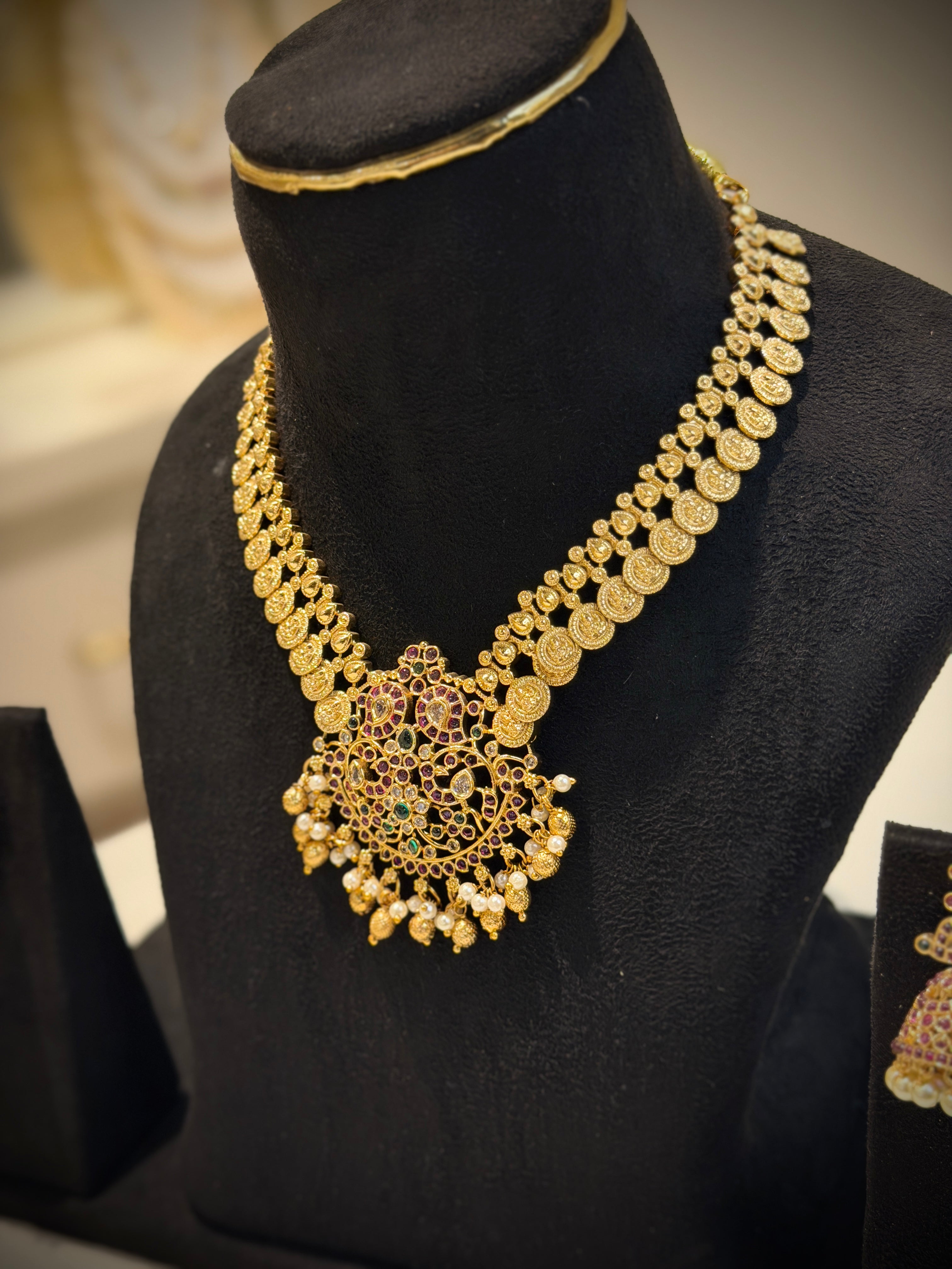 Vedic Temple Gold Lakshmi Kasu Short Necklace Set