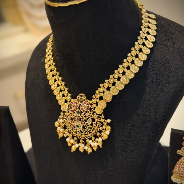 Vedic Temple Gold Lakshmi Kasu Short Necklace Set