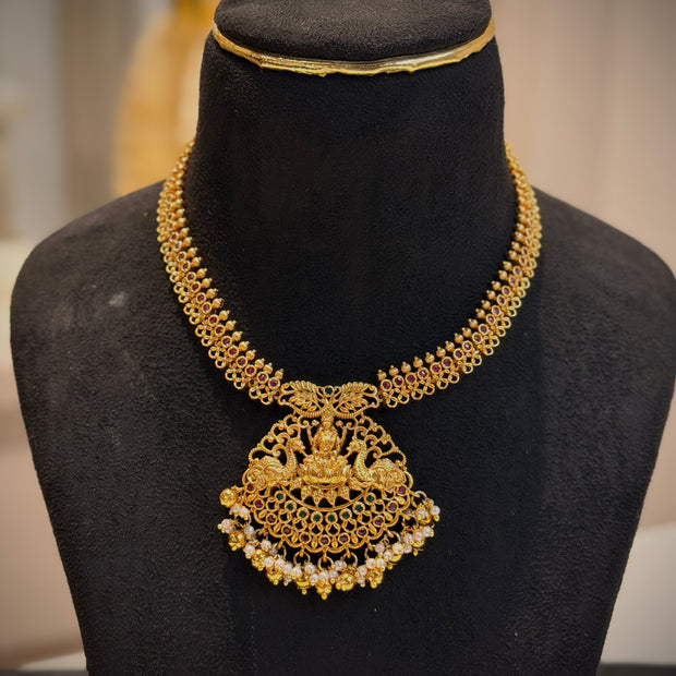 Elegant Temple Lakshmi With Elephant Short Necklace Set