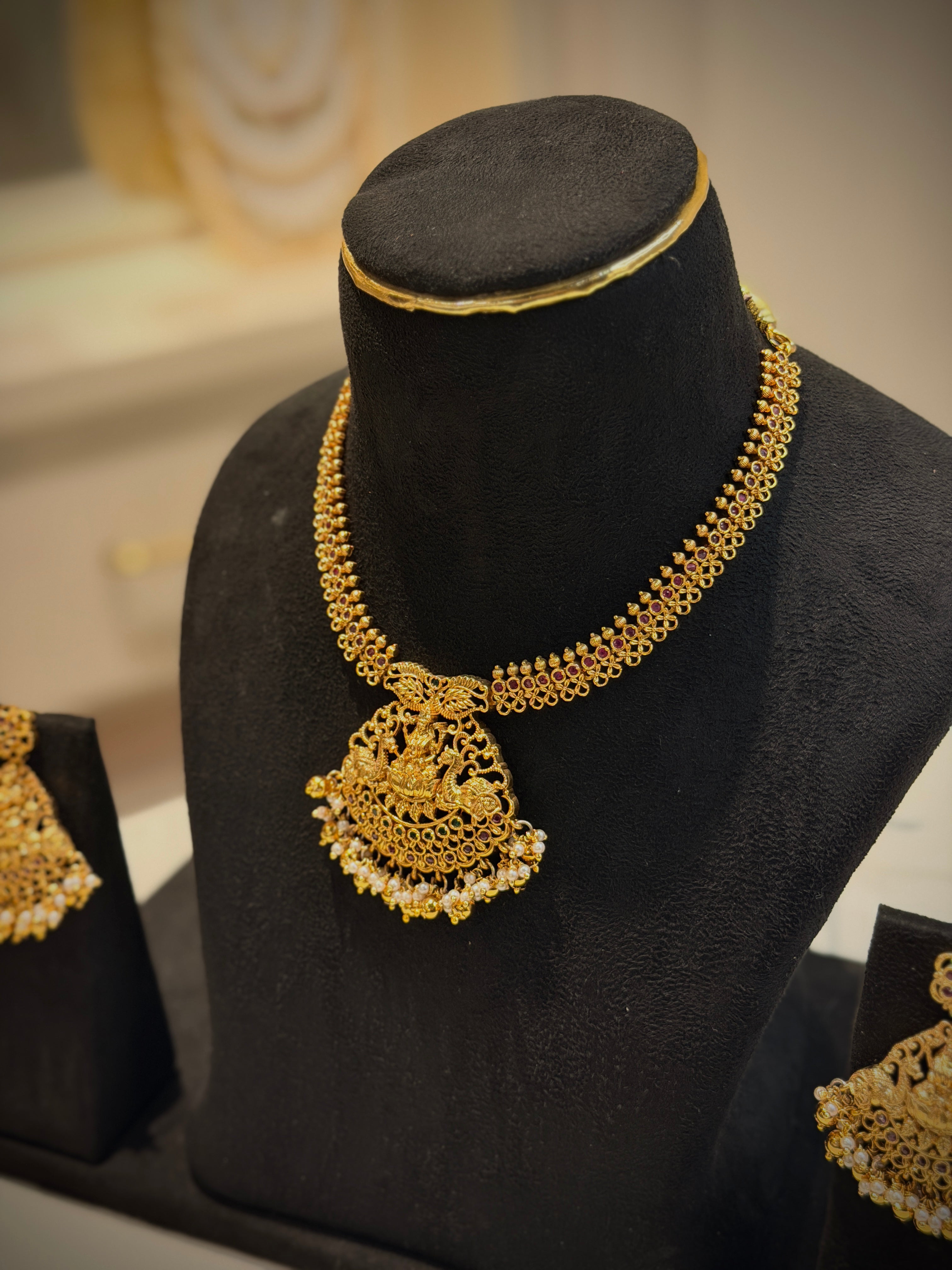 Elegant Temple Lakshmi With Elephant Short Necklace Set