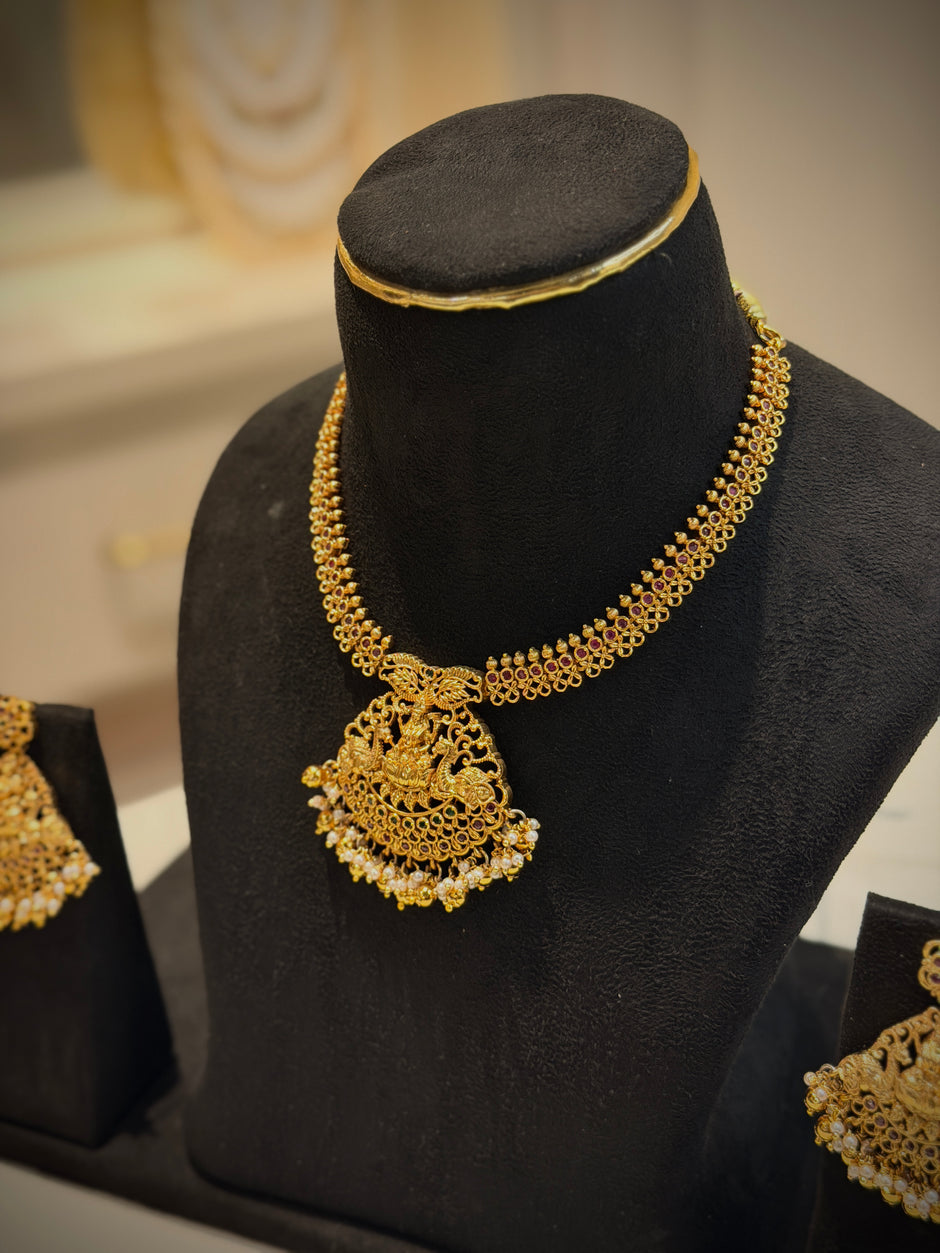 Elegant Temple Lakshmi With Elephant Short Necklace Set