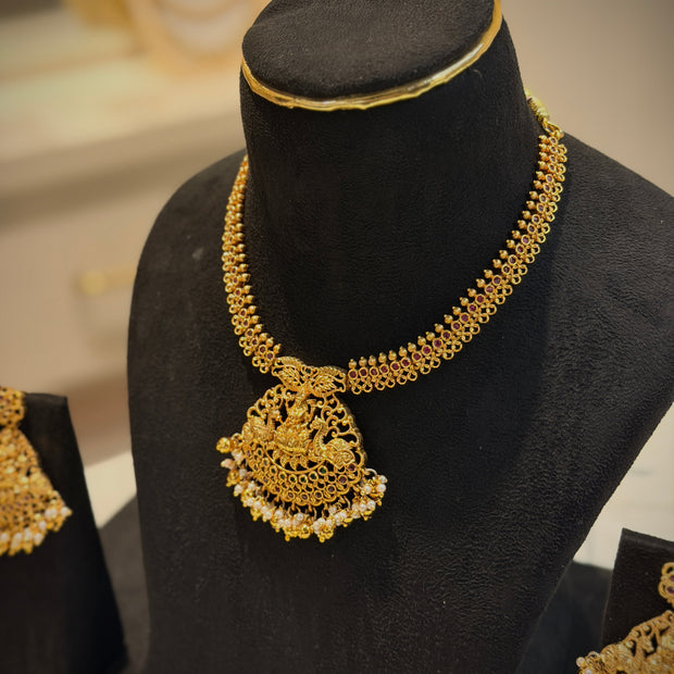 Elegant Temple Lakshmi With Elephant Short Necklace Set
