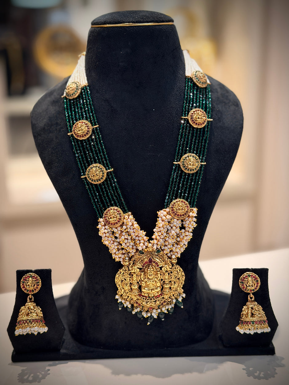 Lakshmi Pendant Emerald/Ruby/Pearl Necklace Set