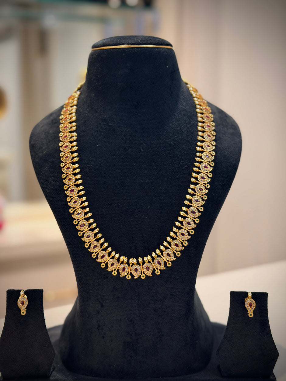 Ruby‑Emerald Mango Long Necklace Set
