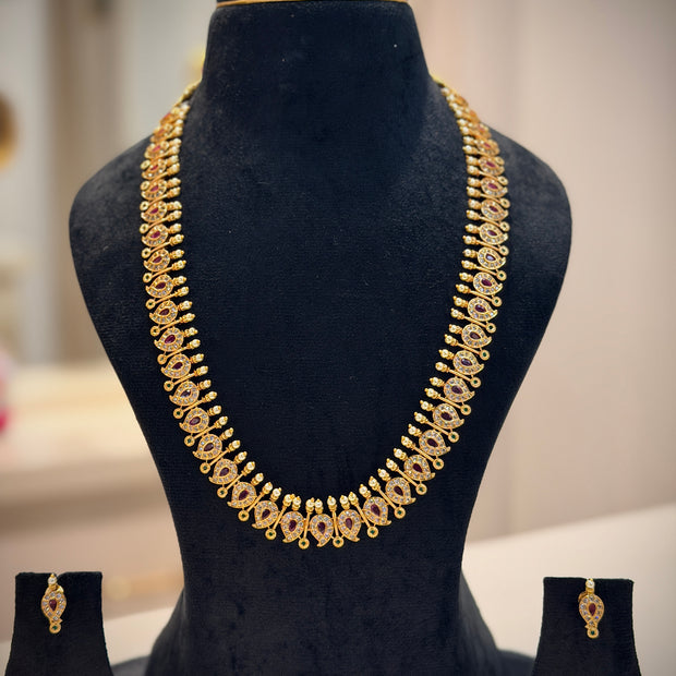 Ruby‑Emerald Mango Long Necklace Set