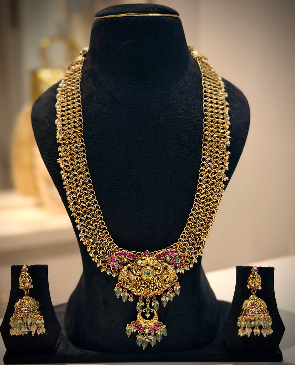 Peacock Motif Netted Haram Long Necklace Set
