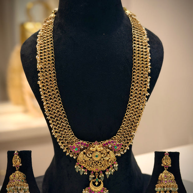 Peacock Motif Netted Haram Long Necklace Set