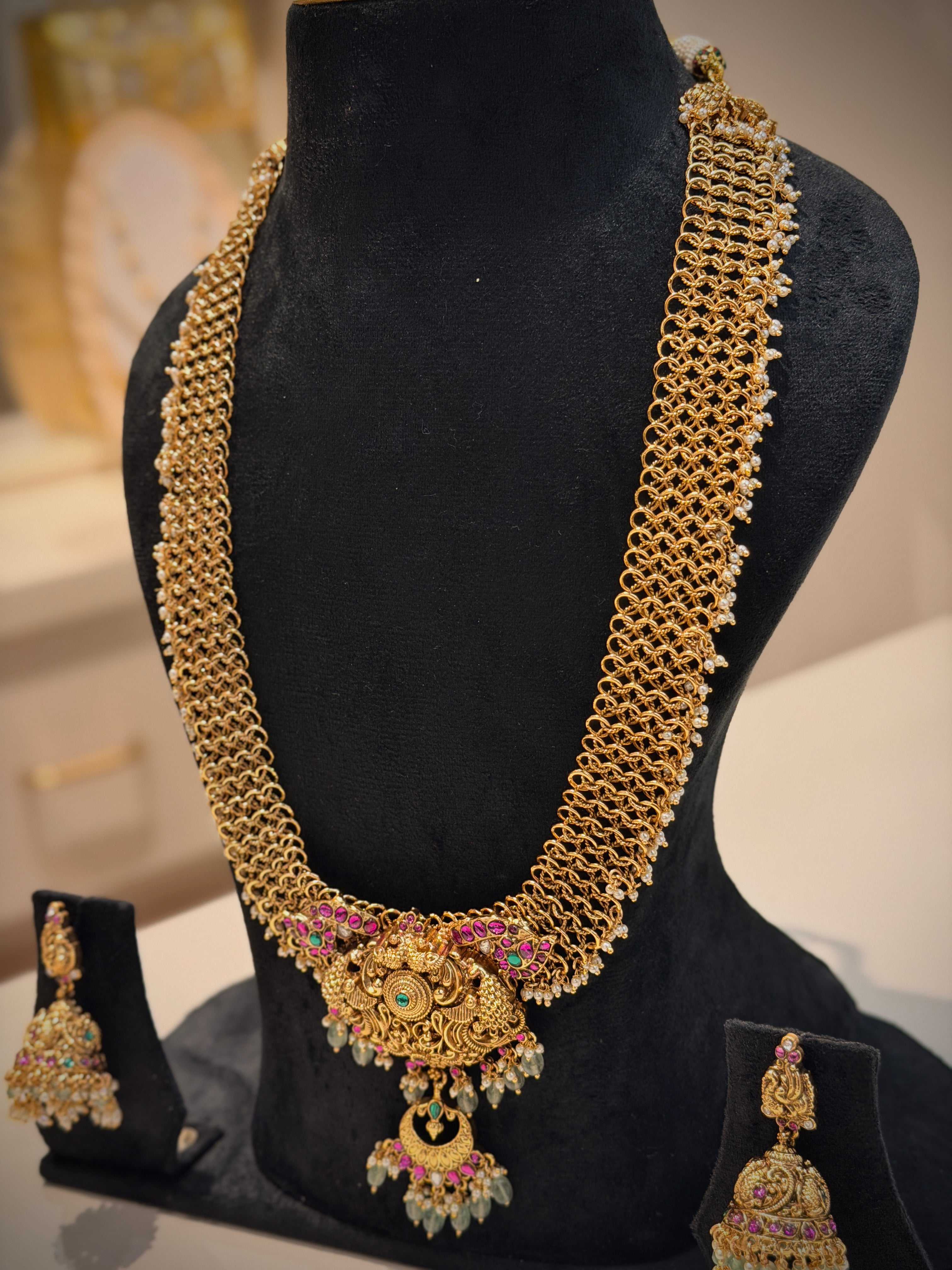 Peacock Motif Netted Haram Long Necklace Set