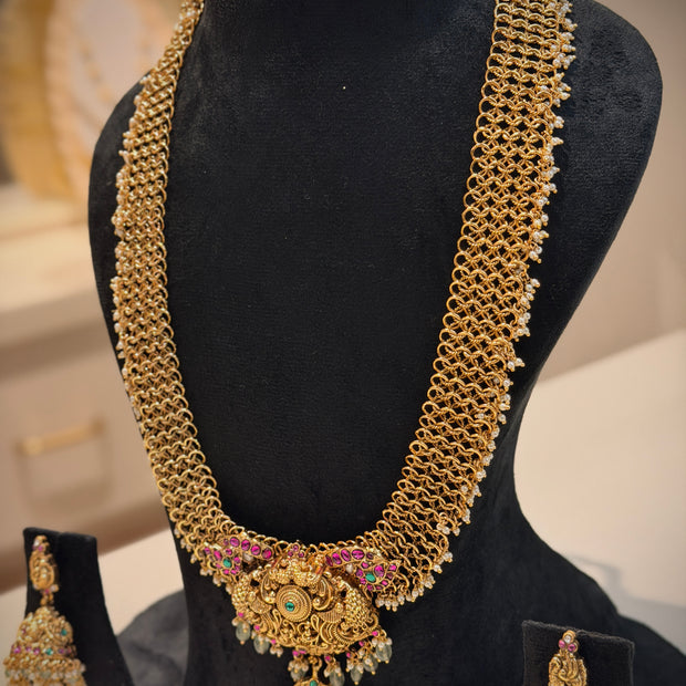 Peacock Motif Netted Haram Long Necklace Set