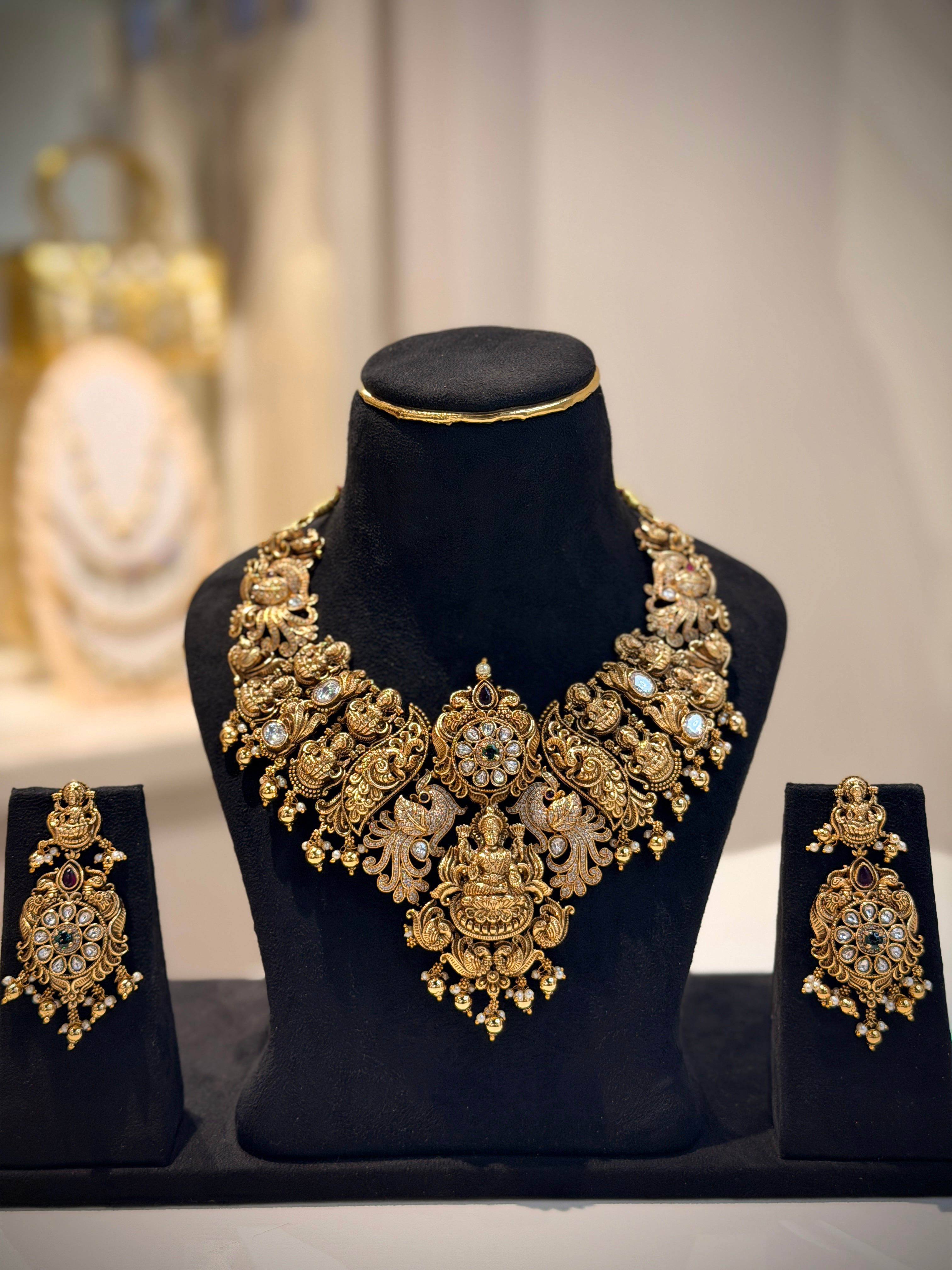 Elegant Peacock & Lakshmi Motif Necklace Set