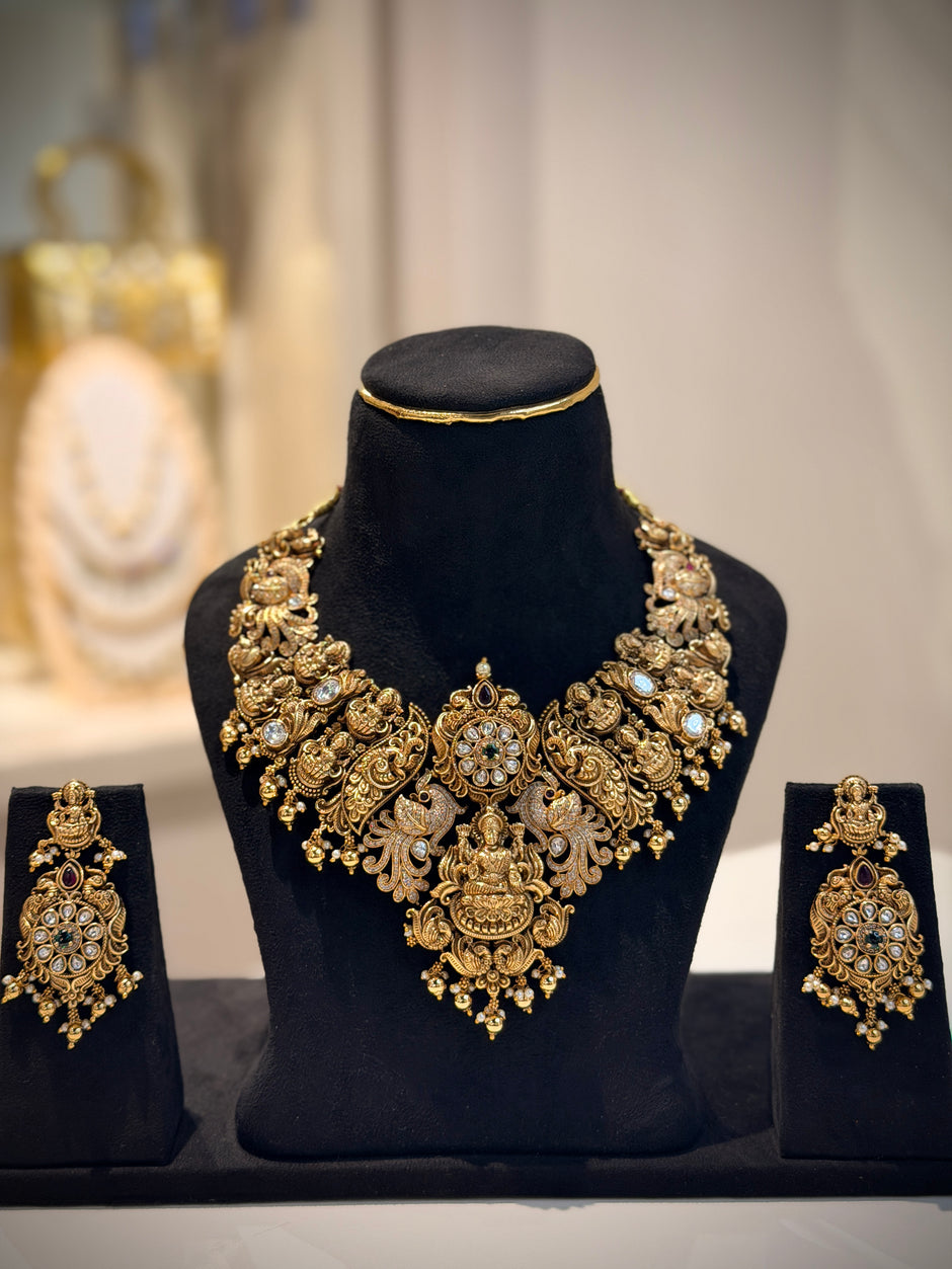 Elegant Peacock & Lakshmi Motif Necklace Set