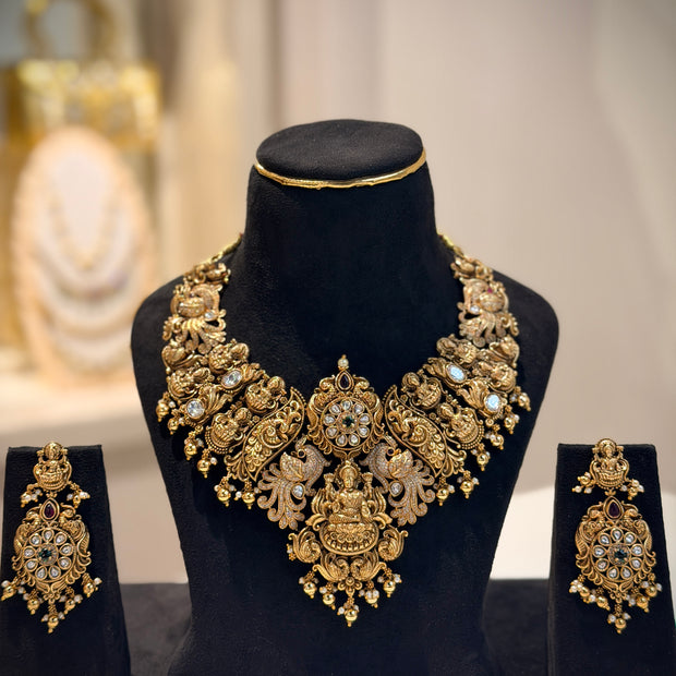 Elegant Peacock & Lakshmi Motif Necklace Set