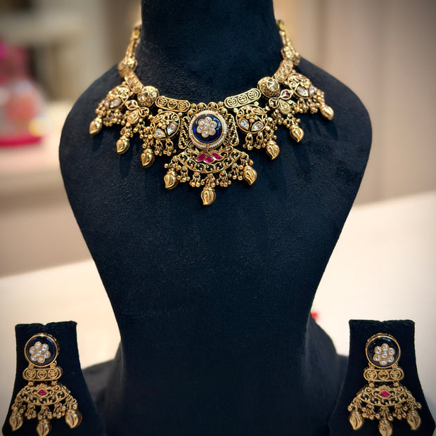 Royal Blue Rajwadi Choker Necklace Set