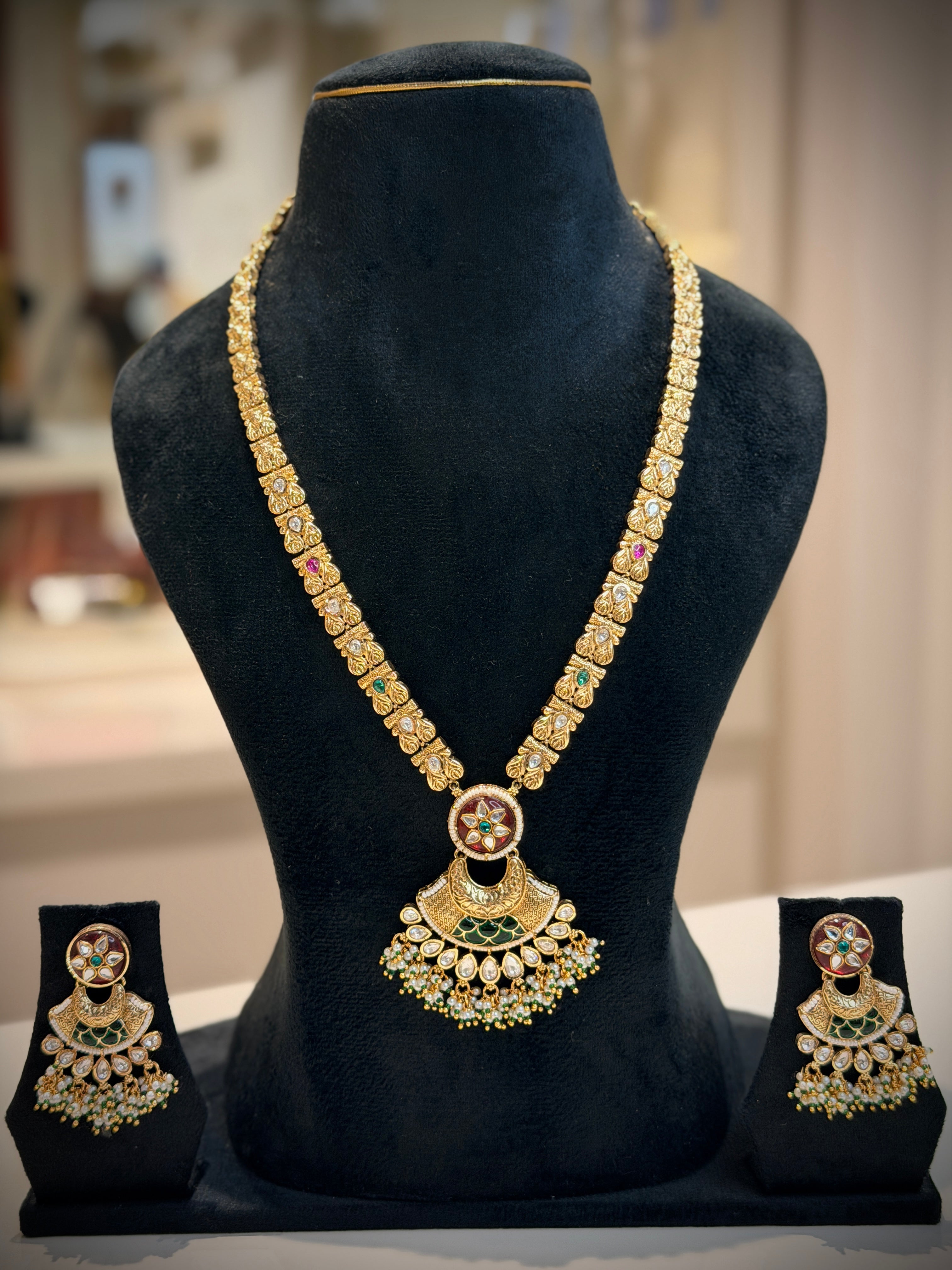 Rajwadi Kundan Meenakari Long Necklace Set