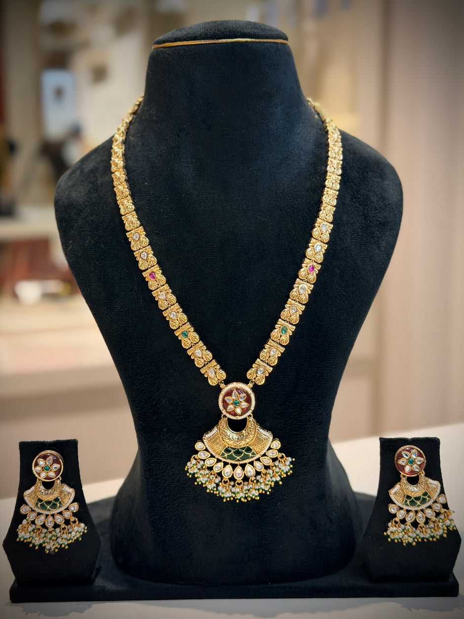 Rajwadi Kundan Meenakari Long Necklace Set