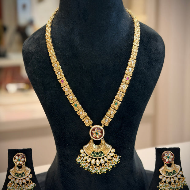 Rajwadi Kundan Meenakari Long Necklace Set