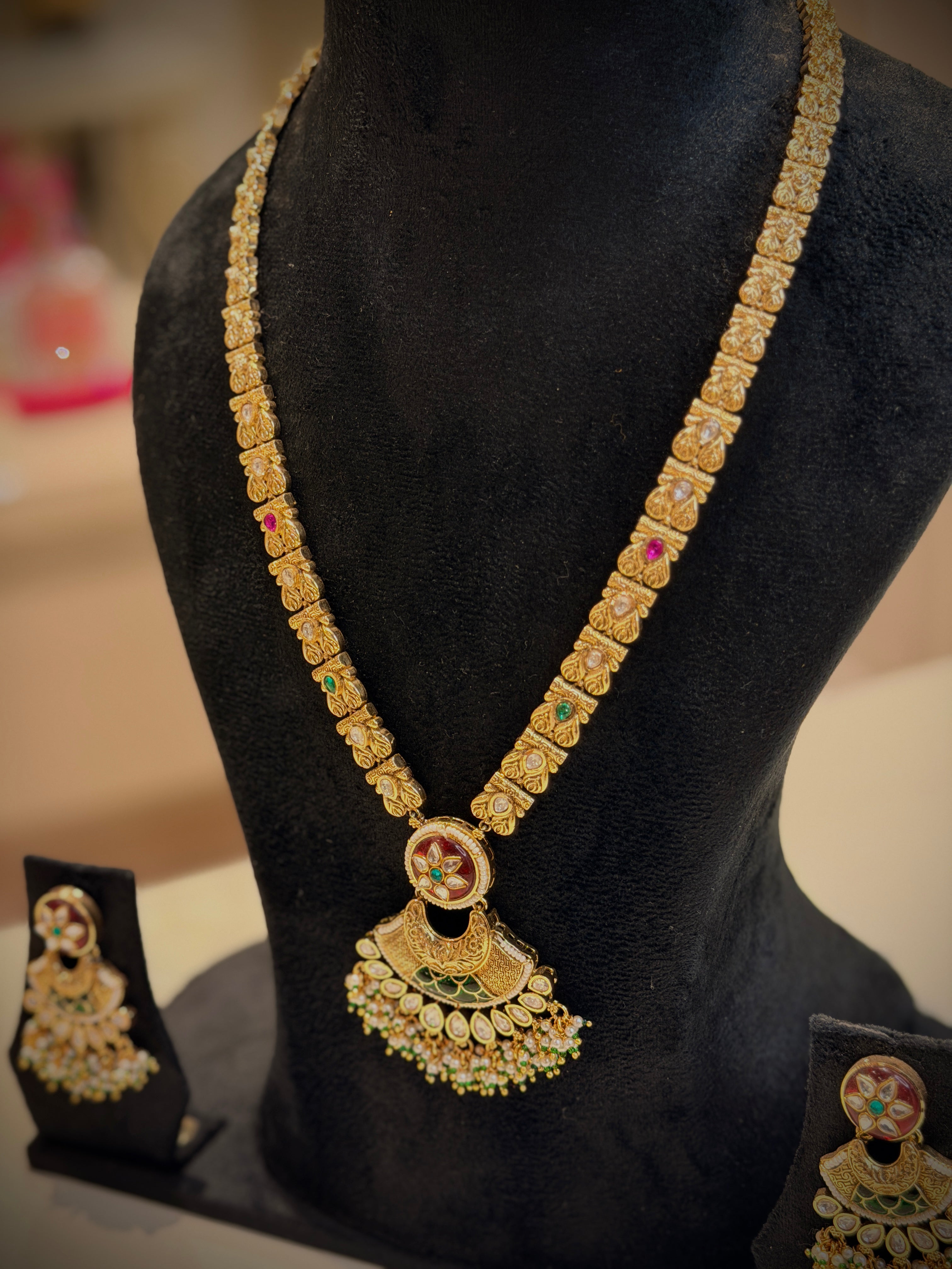 Rajwadi Kundan Meenakari Long Necklace Set