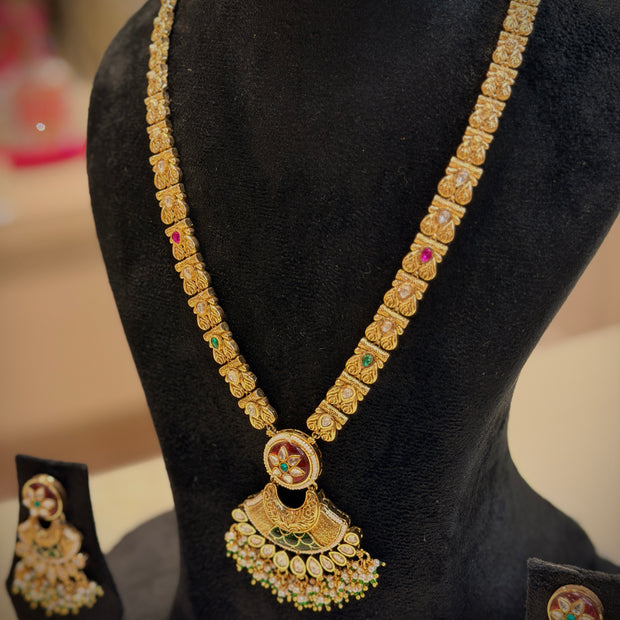 Rajwadi Kundan Meenakari Long Necklace Set