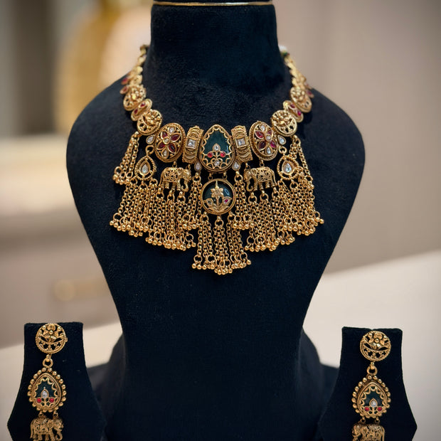 Rajwadi Elephant Motif Multi‑Layer Tassel Choker Necklace Set