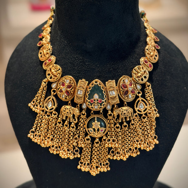 Rajwadi Elephant Motif Multi‑Layer Tassel Choker Necklace Set