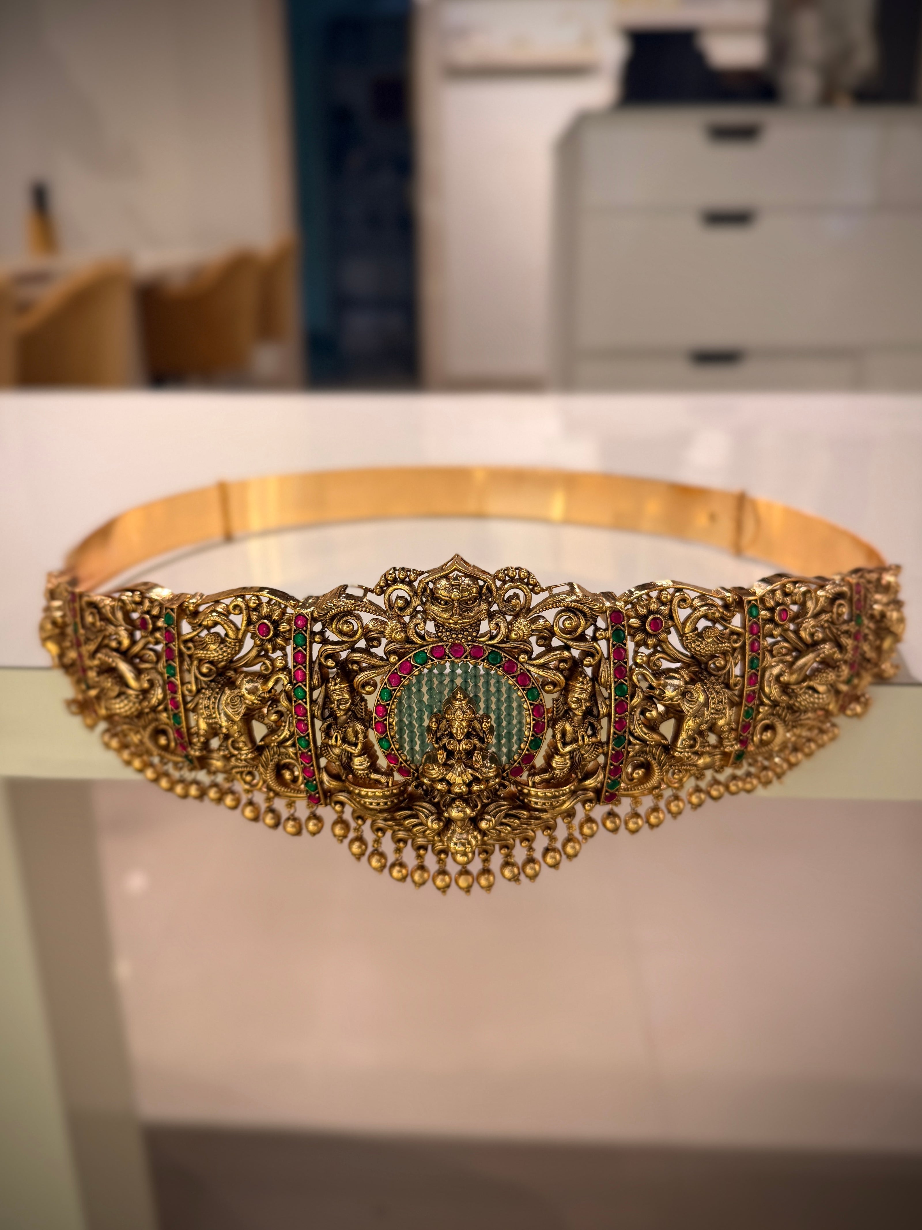 Gold Lakshmi Peacock Ruby Green Stone Waist Belt Vaddanam