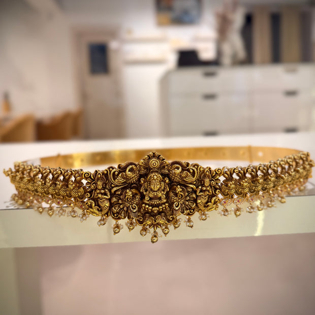 Antique Temple Lakshmi Peacock Pearl Drop Waist Belt / Vaddanam
