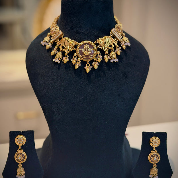 Rajwadi Elephant Motif Choker Necklace Set