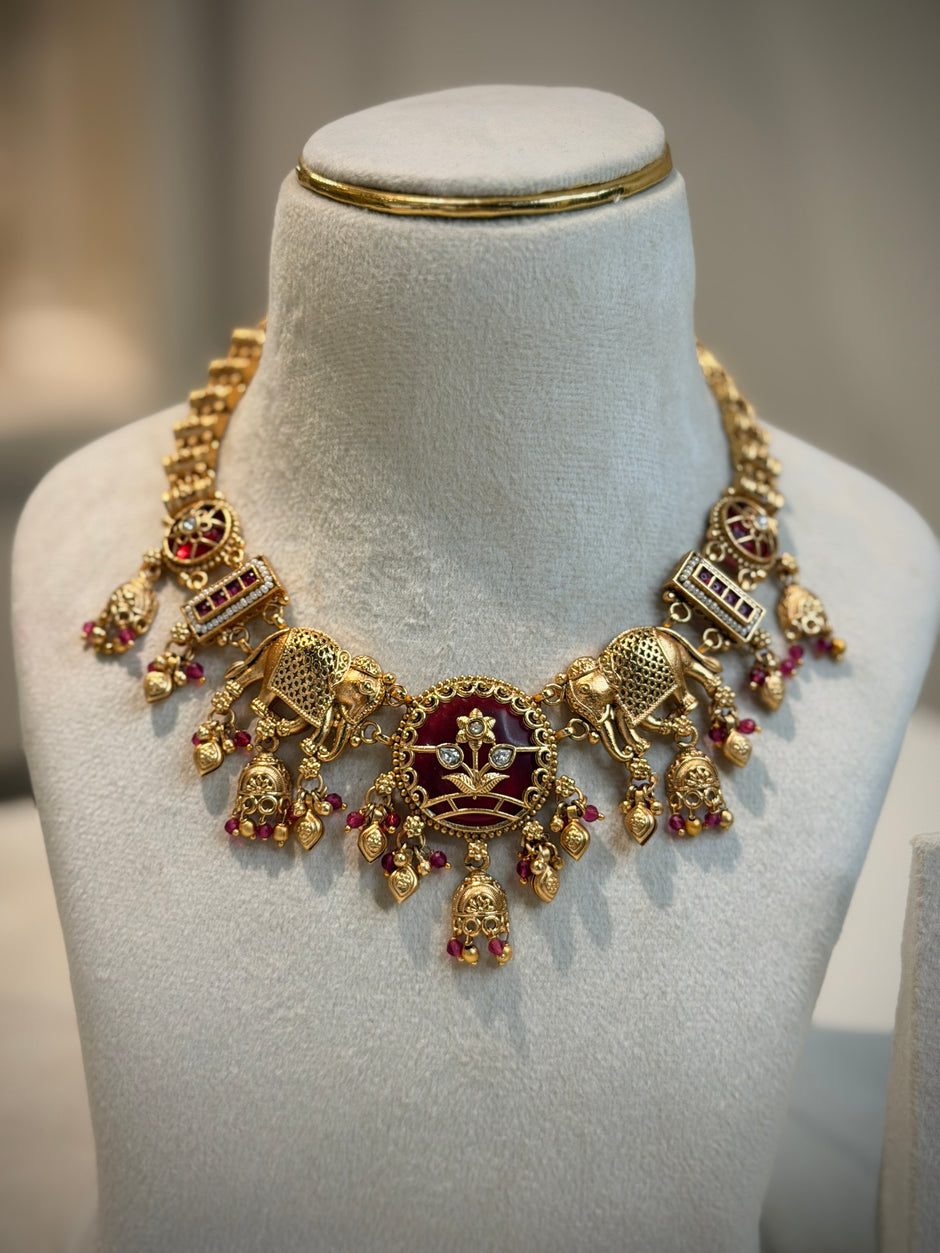 Rajwadi Elephant Motif Choker Necklace Set