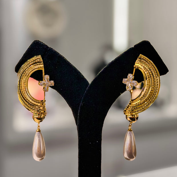 Gold Arc Pearl Drop Dangler Earrings Set
