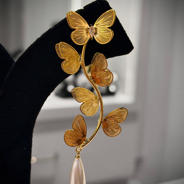 Gold Butterfly Vine Pearl Dangler Earrings Set