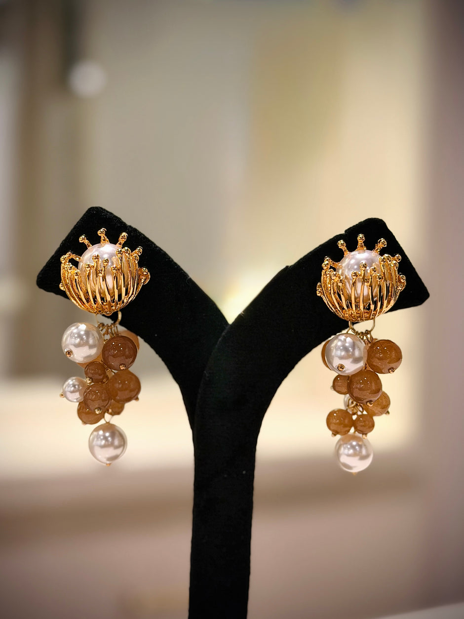 Crown Pearl Cluster Dangle Earrings Set