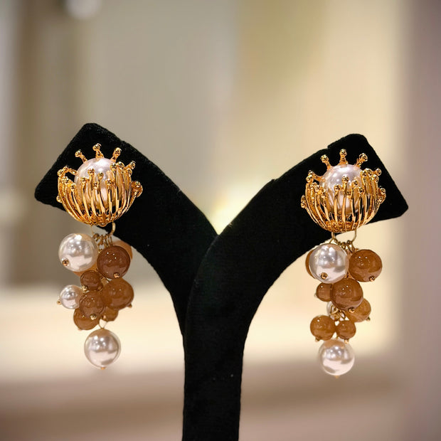 Crown Pearl Cluster Dangle Earrings Set