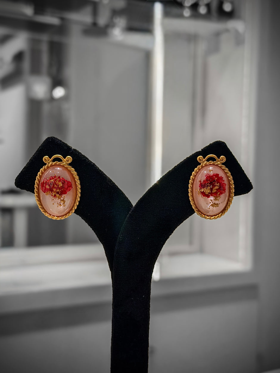 Gold Red & Green Floral Oval Studs Earrings Set