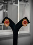 Gold Red & Green Floral Oval Studs Earrings Set