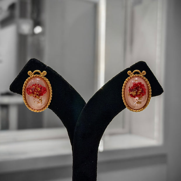 Gold Red & Green Floral Oval Studs Earrings Set